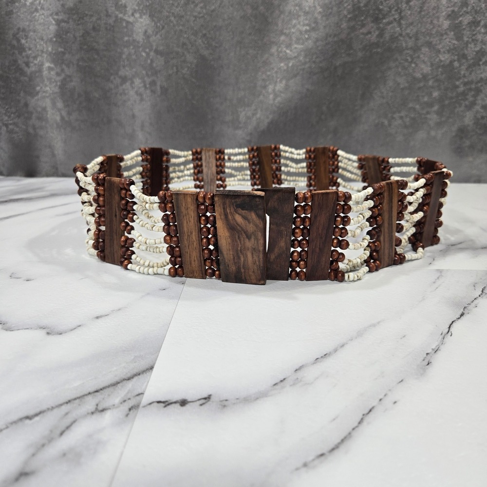 Vintage Wood Seed Bead Belt Womens Large 33" Brown Wide Boho Cinch Elastic